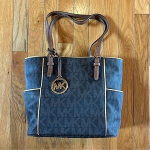 Michael Kors Signature Jet Set Brown Leather Zip Top Tote Shoulder Handbag Purse